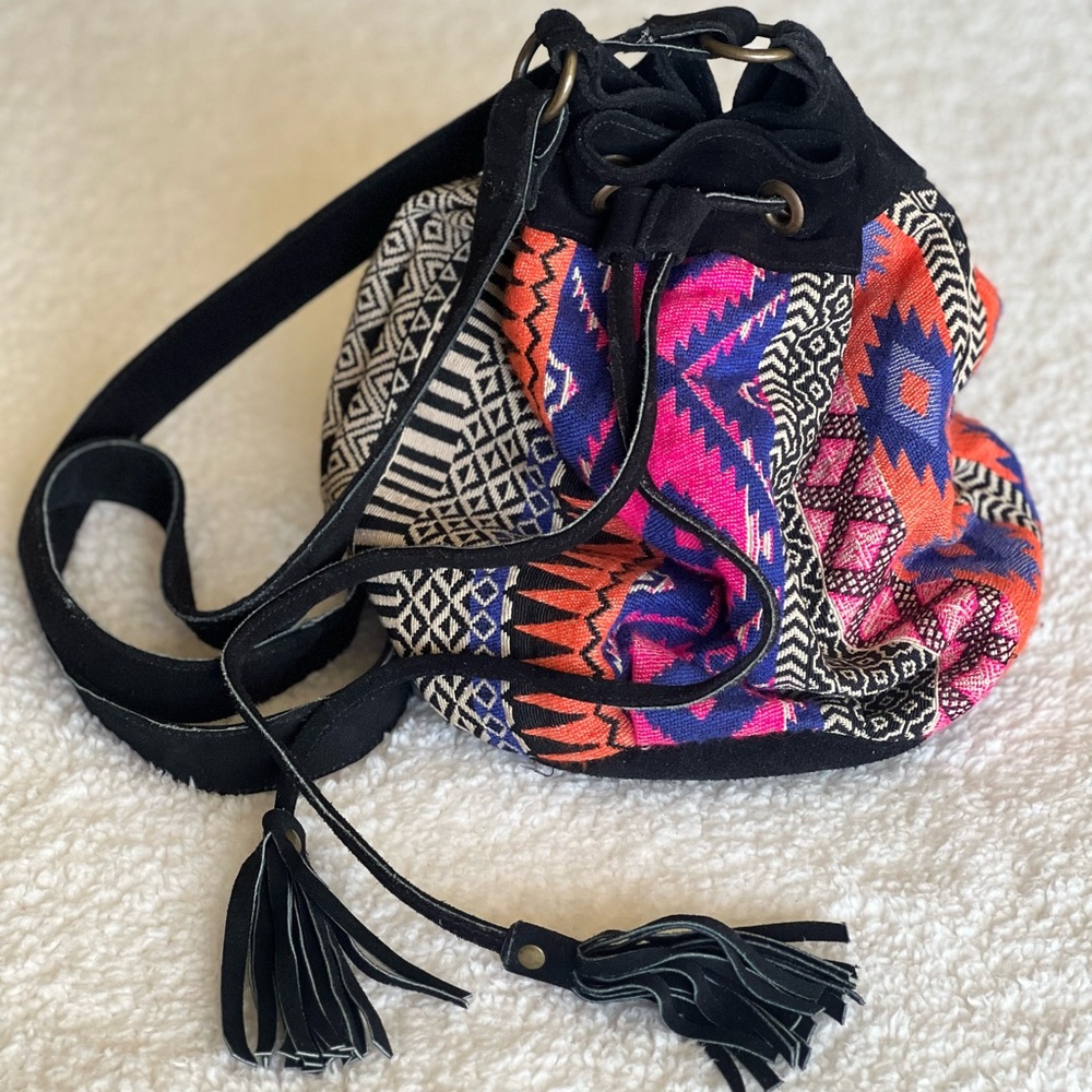 Forever 21 Colorful Patterned Bucket Bag with Suede Tassels